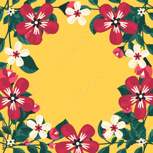 Floral greeting card and invitation template for wedding or birthday anniversary, Vector circle shape of text box label and frame, Red flowers wreath ivy style with branch and leaves.