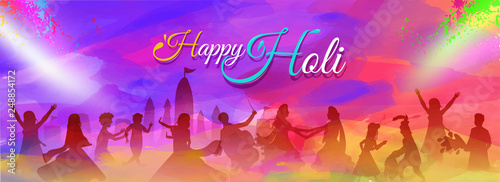 Silhouette of dancing people on the occasion of Indian festival holi on color splash background.