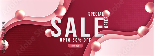 Advertising sale header or banner design with 50% discount offer and decorated with pearls.