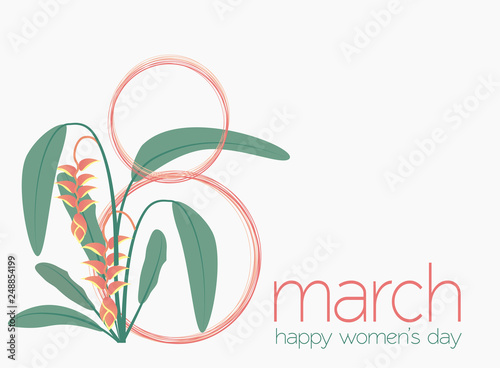Happy women's day vector. 8th March international woman day background with tropical plant.