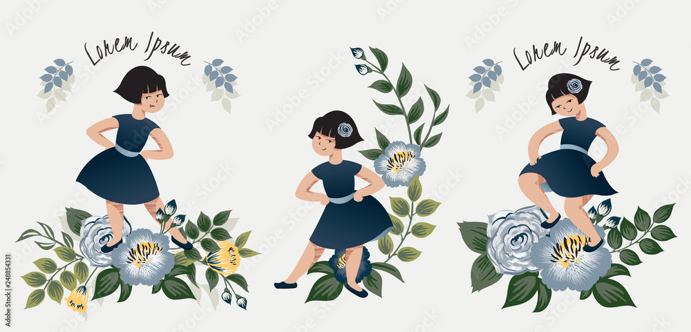 Vector illustration set of girls and flowers for Wedding, anniversary, birthday and party. Design for banner, poster, card, invitation and scrapbook