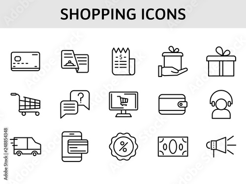 Set of 15 shopping icon in line art.