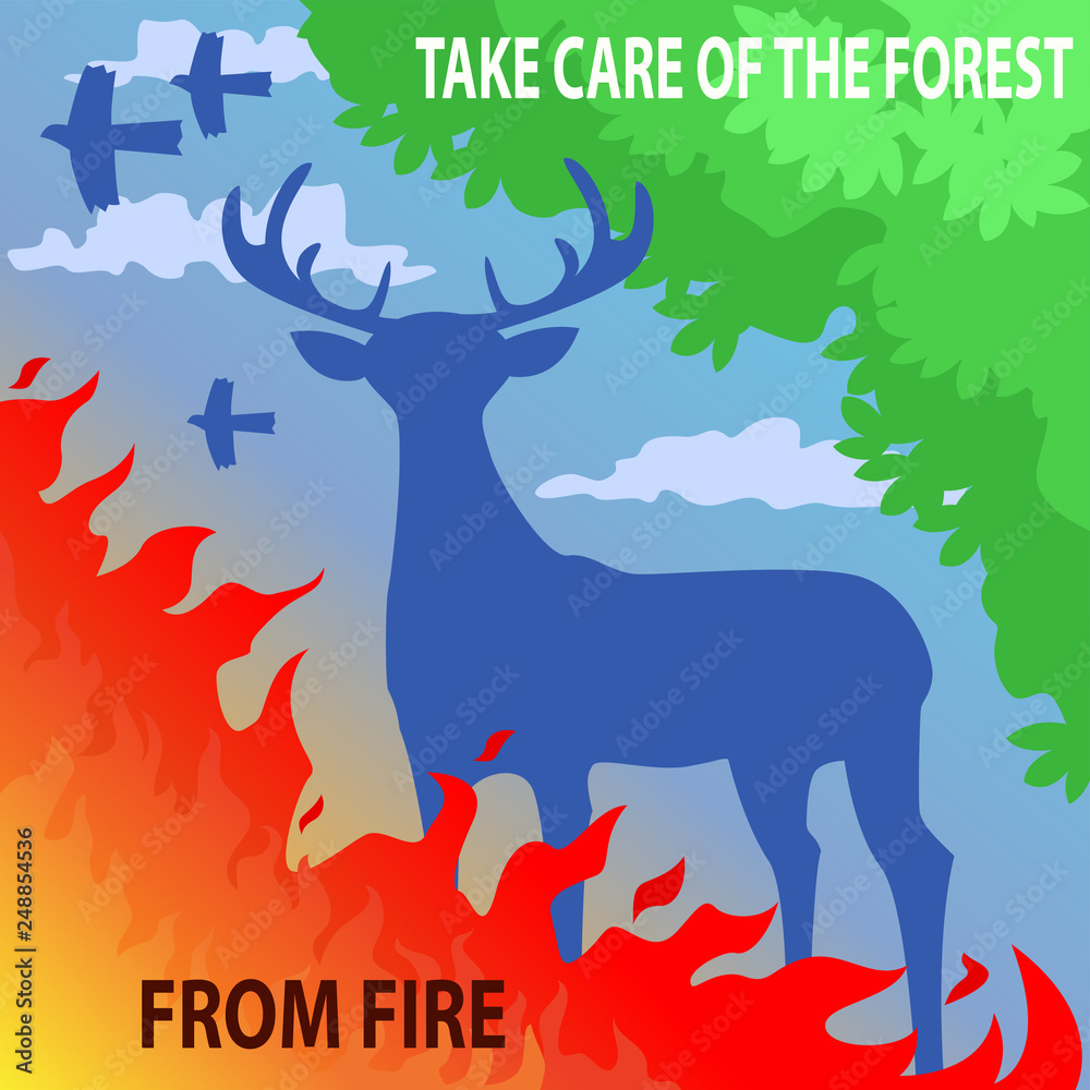 Fire in the forest. Natural disaster destroys nature. The poster calls to protect nature Fire in the forest. Natural disaster destroys nature. The poster calls to protect nature
