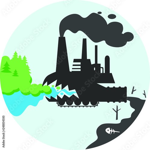 Factory monster devours nature pollutes the environment. Ecological catastrophy