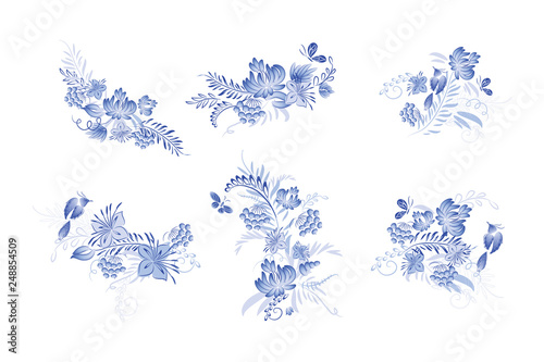 Fototapeta Naklejka Na Ścianę i Meble -  Set of blue watercolor flowers and bird with watercolor roses, crystals and butterflies in the bohemian style, decoration flower botanical collections. Traditional Russian style Gzhel.