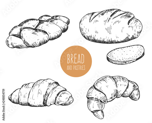 Set of hand drawn sketch bakery products isolated on white background. Vector vintage retro illustration.