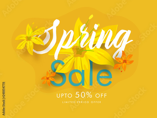 Beautiful flowers decorated spring sale poster design with 50% discount offer.