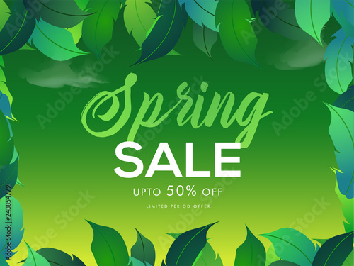 Spring sale poster or banner design with 50% discount offer and decorative tropical leaves.