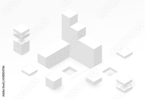 Abstract isometric background with white geometric shapes. Minimalistic modern composition. Vector illustration.