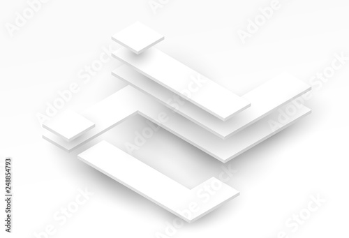 Abstract isometric background with white geometric shapes. Minimalistic modern composition. Vector illustration.