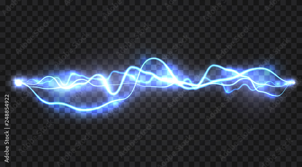 Realistic electric discharge, energy flow or lightning blast isolated on transparent background. Vector illustration.