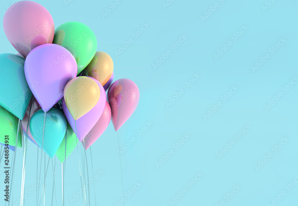 Set of colored glossy balloons on blue sky background. 3D render for birthday, party, wedding or promotion banners or posters. Vivid and realistic illustration.