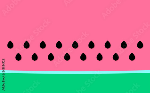 Watermelon concept with green rind and pink, fresh flesh and with symmetrically placed black seeds, summer ideas and inspiration with copy space. Raster version, fruit concept