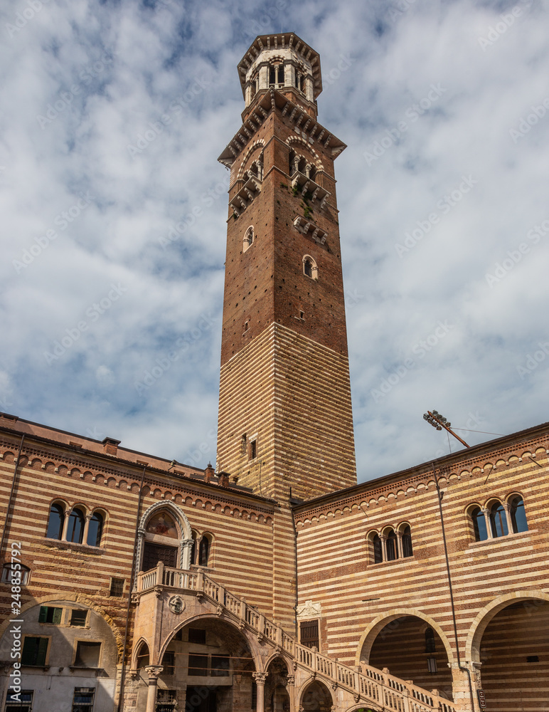 The famous tower Lamberti in the center of Verona, Italy