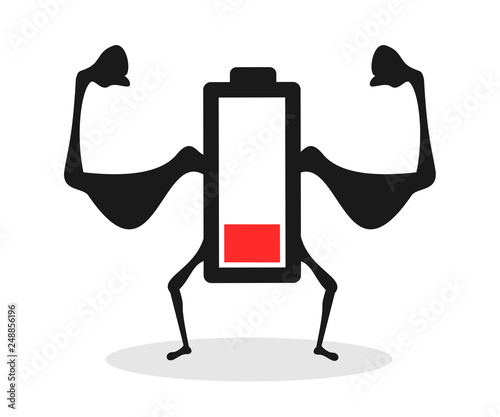 Flat and empty discharged battery with low electric energy - weak and poor condition of device in the end of lifespan. Vector illustration