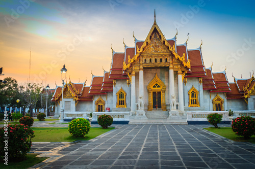 Beautiful view of Wat Benchamabophit Dusitvanaram, also known as the marble temple, it is one of Bangkok's most beautiful temples and a major tourist attraction. © kampwit