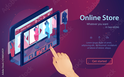 Online Fashion Store. Virtual Shopping at Night. Woman Buys Clothes Online. Hand Chooses Dress on Screen. Buy with Mobile App. Internet Shop in Tablet. Sales and Marketing. Isometric Vector EPS 10.