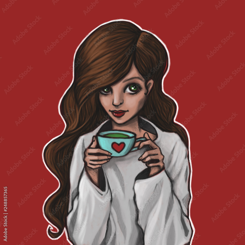 The young girl with brown hair with a cup of coffee or tea. Woman drinking drink. Modern illustration. The young girl with brown hair with a cup of coffee or tea. Woman drinking drink. Modern illustration.