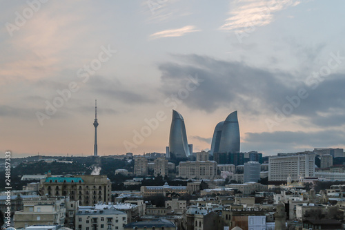 Flame Towers Baku at sunset 