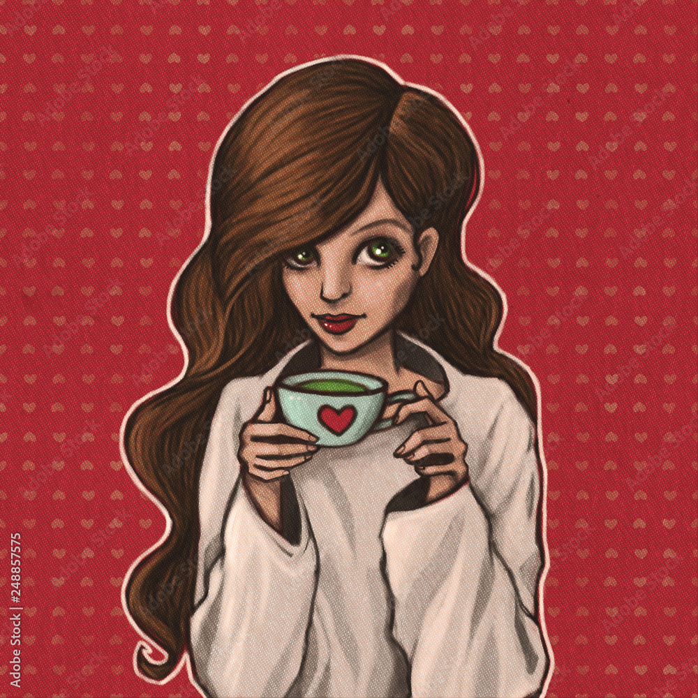 The young girl with brown hair with a cup of coffee or tea. Woman drinking drink. Modern illustration. The young girl with brown hair with a cup of coffee or tea. Woman drinking drink. Modern illustration.