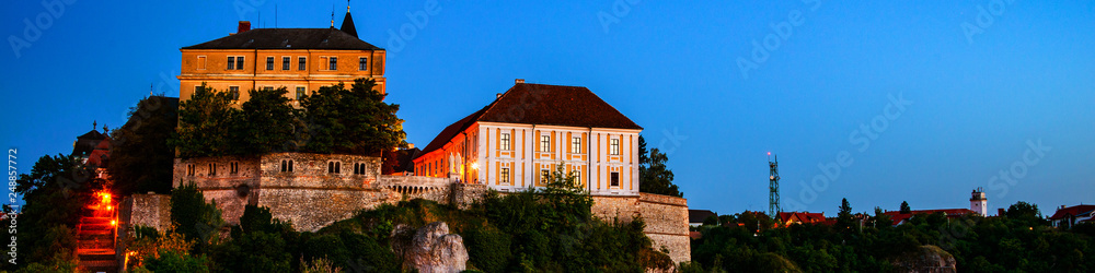 View of illuminated landmarks of Castle hill at night in Veszprem, Hungary View of illuminated landmarks of Castle hill at night in Veszprem, Hungary