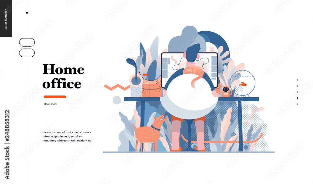 Technology 3 -Home Office - modern flat vector concept digital illustration home office metaphor, a freelancer guy working at home with pets and plants. Creative landing web page design template Technology 3 -Home Office - modern flat vector concept digital illustration home office metaphor, a freelancer guy working at home with pets and plants. Creative landing web page design template