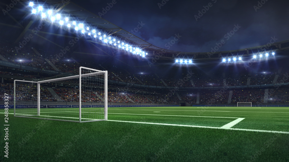 Fototapeta nowoczesny stadion piłkarski oświetlony reflektorami i pusta zielona trawa