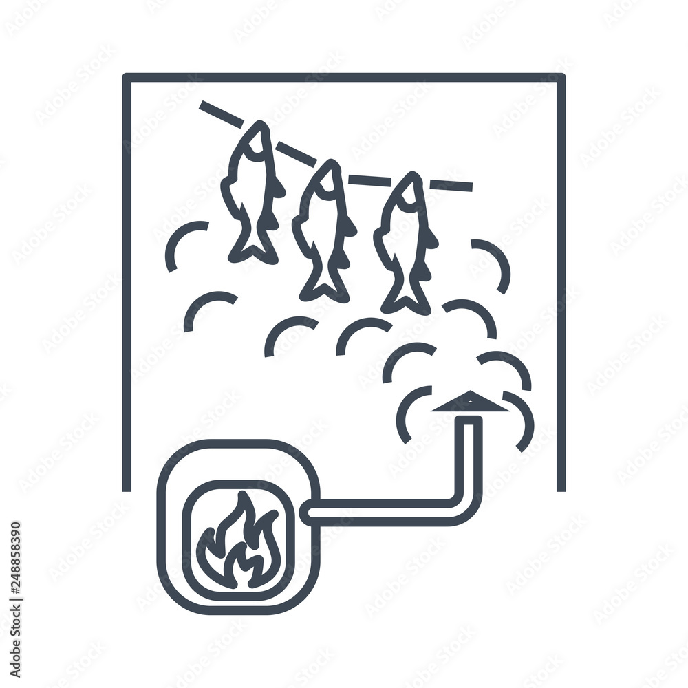 thin line icon fish processing, smoked fish, smokehouse thin line icon fish processing, smoked fish, smokehouse