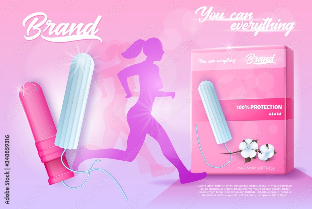 Feminine Hygiene Products. Running Woman Silhouette. Pink Banner Ad. Pack  of Tampons. Cotton Sanitary Tampons with Applicators. Comfort and  Protection Concept. Sports and Menstruation. Vector EPS 10. Stock Vector |  Adobe Stock