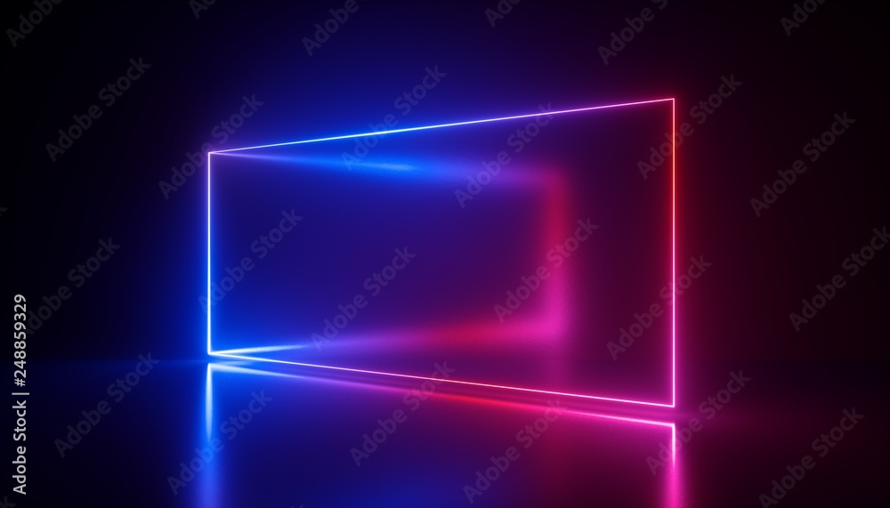 Naklejka premium 3d rendering, neon lights, abstract ultraviolet background, laser show, rectangular blank frame, virtual reality screen, glowing lines, floor reflection, vibrant colors