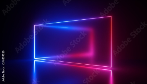 Fototapeta Naklejka Na Ścianę i Meble -  3d rendering, neon lights, abstract ultraviolet background, laser show, rectangular blank frame, virtual reality screen, glowing lines, floor reflection, vibrant colors