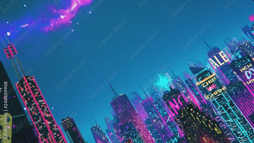 Neon lights of futuristic city, aircraft perspective, lots of ads, holograms. Loopable synthwave 3D city, beautiful pink and purple background