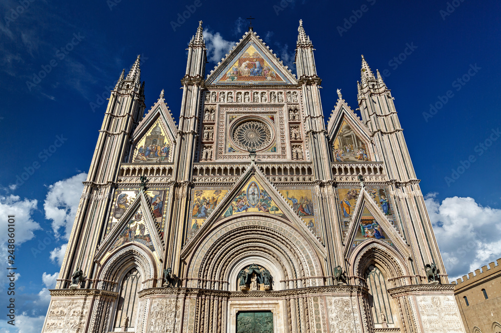 Exterior view of Duomo di Orvieto, a 14th-century Gothic cathedral in Orvieto, Italy, photo without people