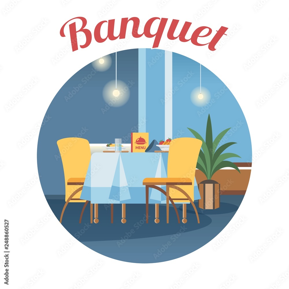 Vecteur Stock Banquet room, hall flat vector illustration. Restaurant,  event center interior design round clipart. Cartoon served table with  calligraphy. Holiday catering service poster, banner, website concept |  Adobe Stock