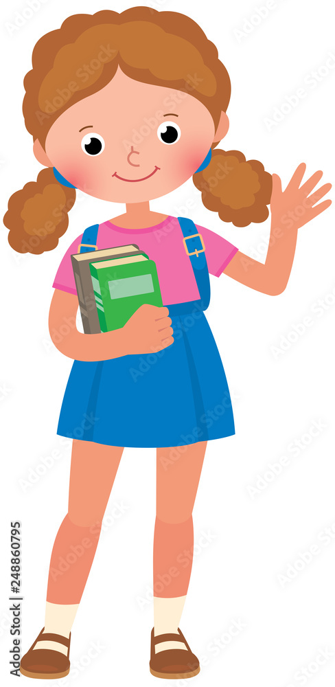 Girl schoolgirl with books in their hands and a school backpack waving his hand vector cartoon illustration Girl schoolgirl with books in their hands and a school backpack waving his hand vector cartoon illustration
