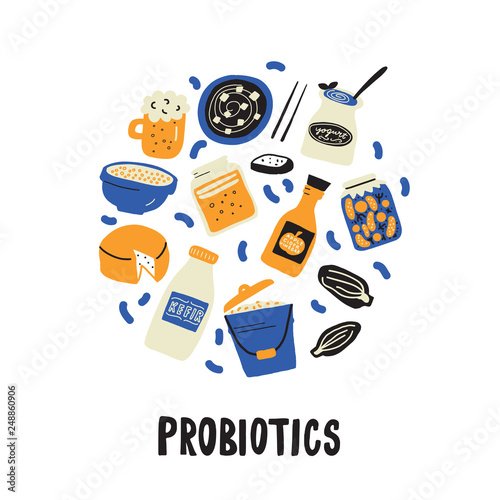 Probiotic. Hand drawn circle illlustration in doodle style. Vector