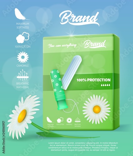 Chamomile Hygienic Tampons with Applicators. Breathing, Soft and Cotton Icons. Comfort and Protection. Menstruation Blood Absorbent. Pack Feminine Hygiene Products. Green Banner Ad. Vector EPS 10.