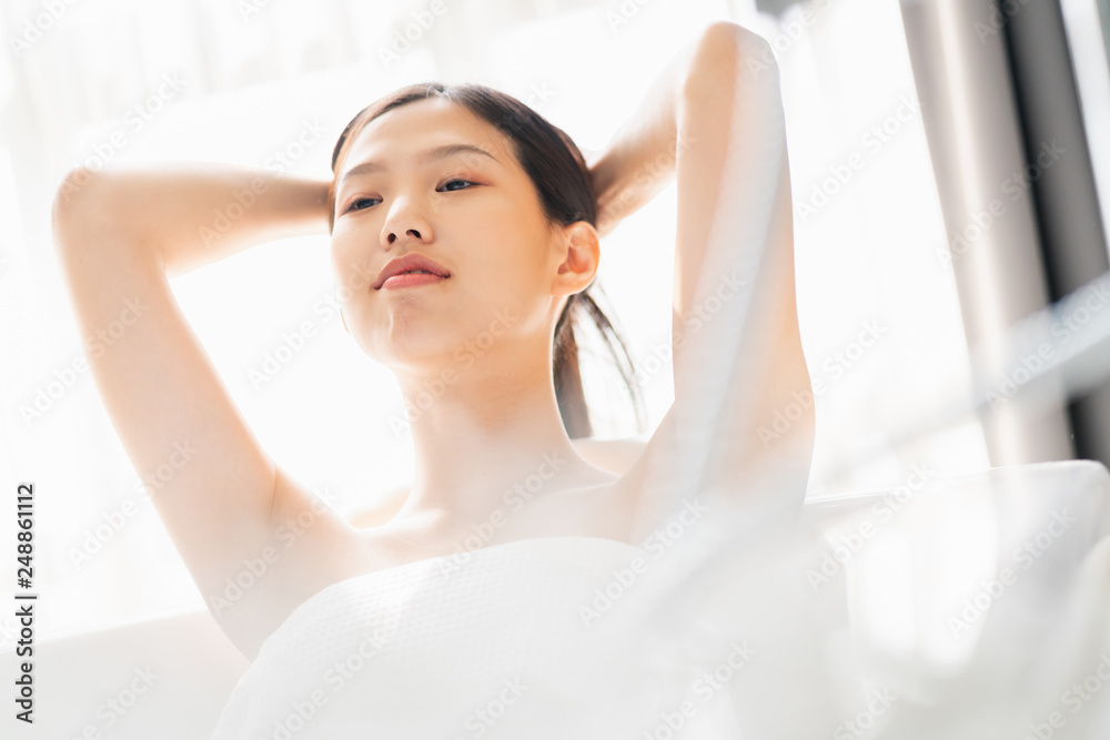 young pretty asian teen woman enjoy relaxing in bathroom morning light freshness feeling moment young pretty asian teen woman enjoy relaxing in bathroom morning light freshness feeling moment