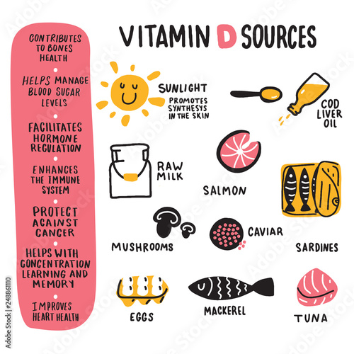 Vitamin D benefits and food.. Hand drawn infographic poster. Doodles. Vector.