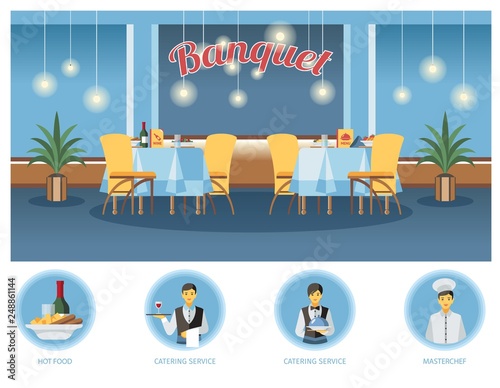 Banquet room, hall flat illustration. Restaurant, event center interior design. Waiters, barmen, chef cook and menu cliparts. Served tables. Catering service poster, web banner, website page concept