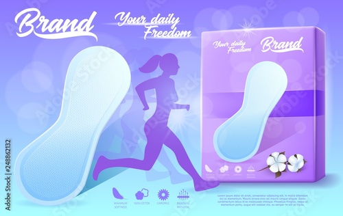 Feminine Hygiene Products. Running Woman Silhouette. Violet Banner Ad. Pack of Everyday Sanitary Pads. Soft Thin Pads. Sporty Girl. Comfortable Activity and Freshness. Freedom Concept. Vector EPS 10.