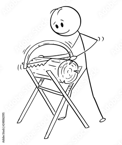Cartoon stick figure drawing of man or worker cutting wooden log or wood with handsaw or saw.