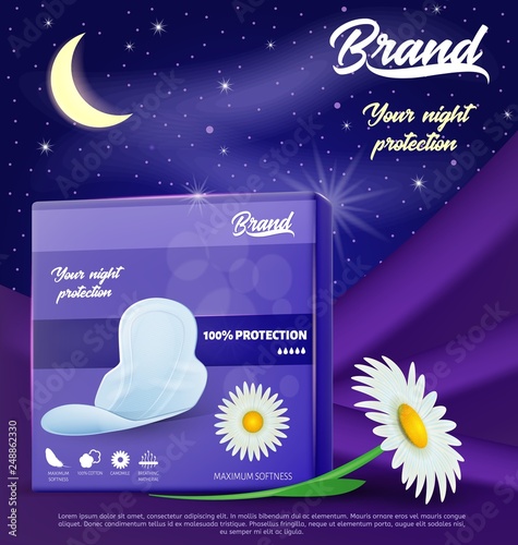 Pack of Chamomile Hygienic Pads. Illustration of Night Protection. Menstruation Blood Absorbent. Thin Pads with Wings. Feminine Hygiene Products. Sanitary Napkins Banner Ad. Vector EPS 10.