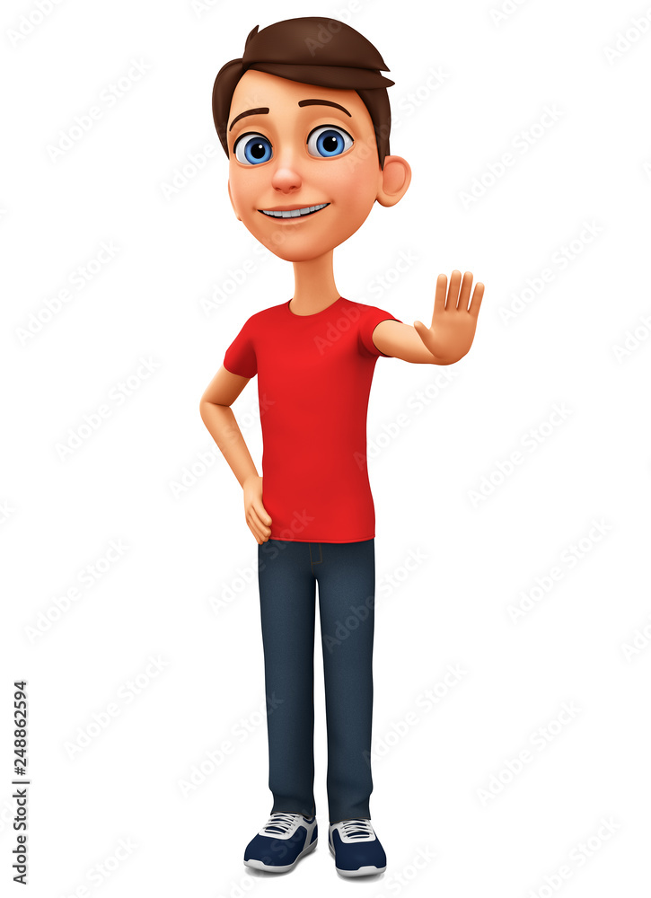 Cartoon character guy shows hand stop on a white background. 3d rendering. Illustration for advertising. Cartoon character guy shows hand stop on a white background. 3d rendering. Illustration for advertising.