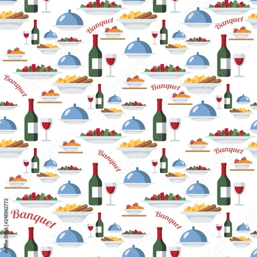 Catering and restaurant seamless vector pattern. Wine bottles, salad, hot dishes, tray with lid. Food, meal items background, backdrop. Banquet. Wrapping paper, kitchen textile, wallpaper, design idea