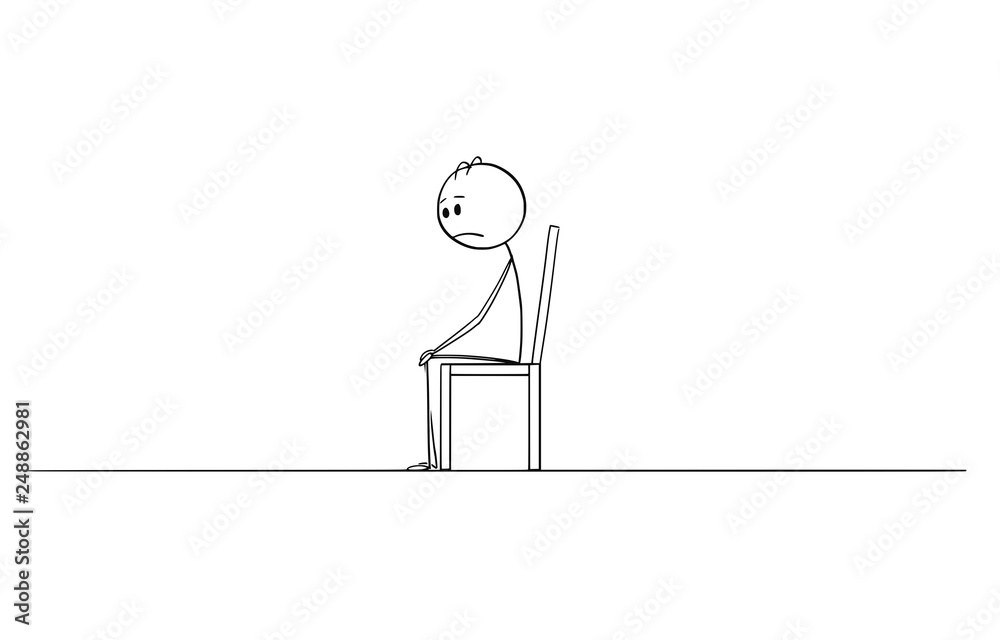 Cartoon stick figure drawing of lonely man sitting in depression alone in  empty room or space on chair. Stock Vector | Adobe Stock
