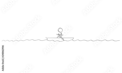 Cartoon stick figure drawing of lonely man or survivor paddling alone in small boat with paddles in middle of sea or nowhere on water.