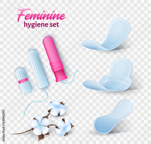 Set of Hygiene Pads and Tampons. Feminine Hygienic Products. Everyday Pads. Sanitary Napkins with Wings. Tampons with Applicators. Soft Cotton Products Concept. Banner Ad. Vector EPS 10.