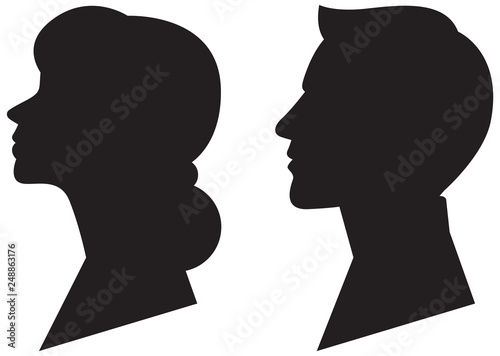 Male and female black silhouette portrait in profile vector illustration