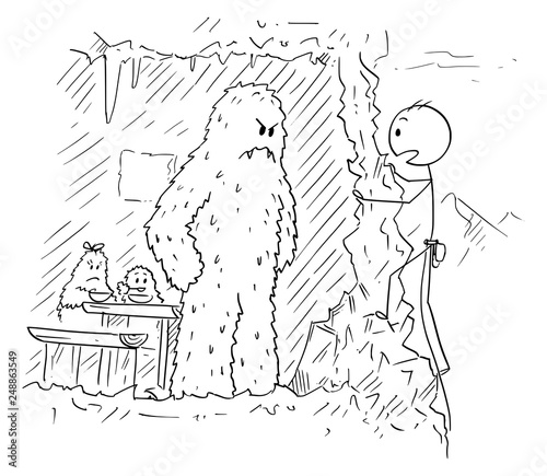 Cartoon stick figure drawing of mountain climber, alpinist or mountaineer who found cave with yeti family while climbing.